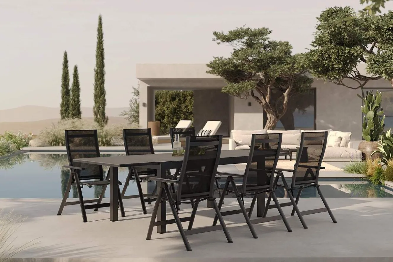 OUTFLEXX Premium Garten-Essgruppe, anthrazit matt/schwarz, Alu/Textilene/Spraystone, Tisch 160/260 x 100 cm, ausziehbar, 6 Klappstühle