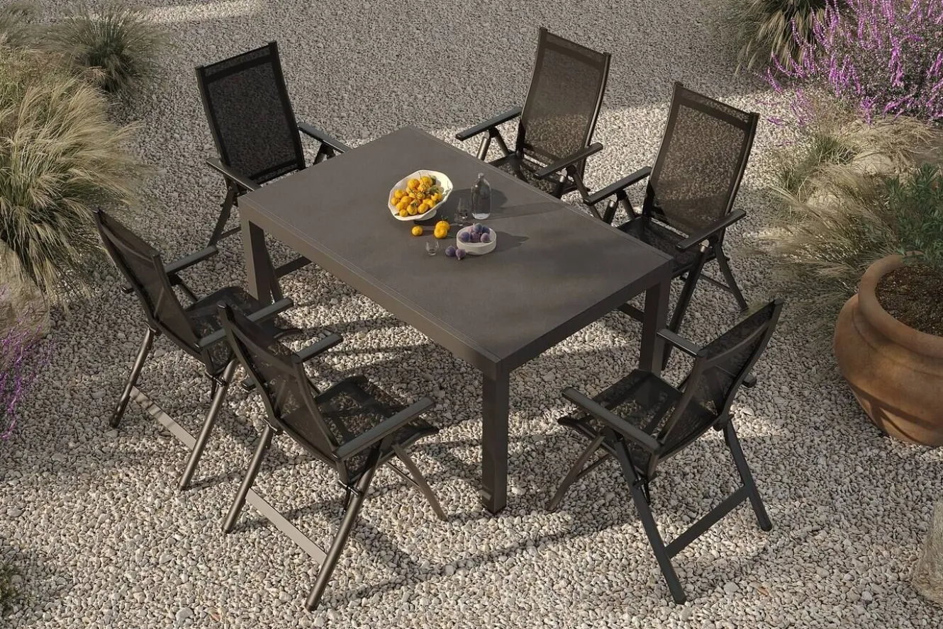 OUTFLEXX Premium Garten-Essgruppe, anthrazit matt/schwarz, Alu/Textilene/Spraystone, Tisch 160/260 x 100 cm, ausziehbar, 6 Klappstühle