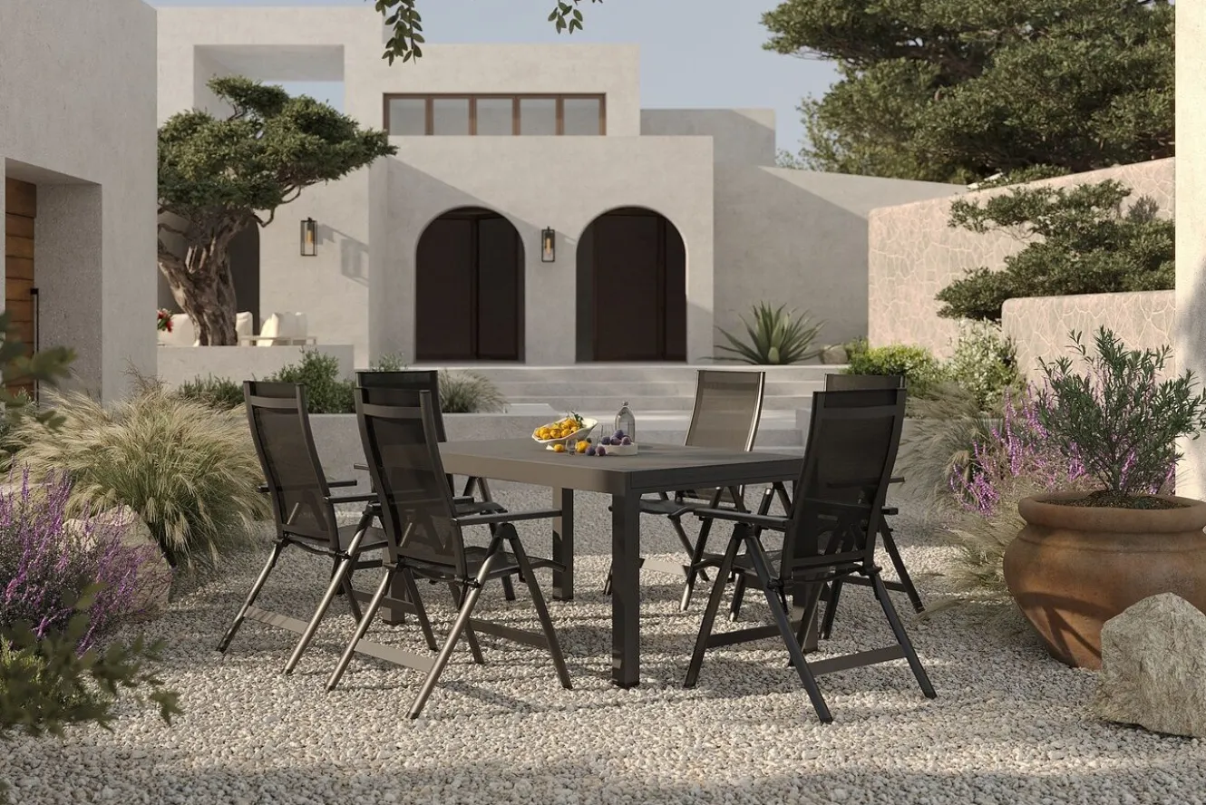 OUTFLEXX Premium Garten-Essgruppe, anthrazit matt/schwarz, Alu/Textilene/Spraystone, Tisch 160/260 x 100 cm, ausziehbar, 6 Klappstühle
