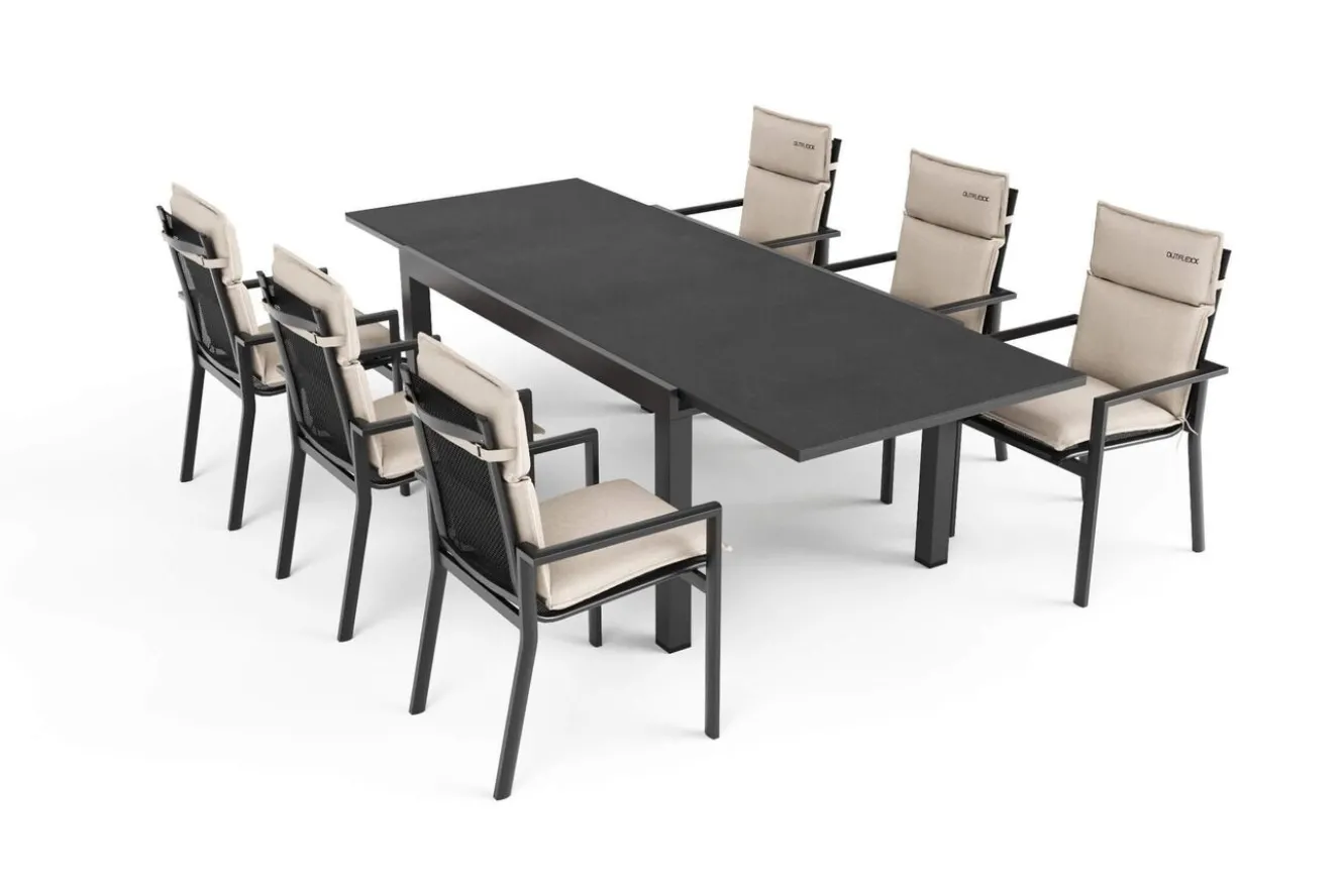 OUTFLEXX Premium Garten-Essgruppe, anthrazit matt/schwarz/natur, Alu/Spraystone, Tisch 160/260 x 100 cm, 6 Stapelsessel inkl. 6 Auflagen