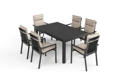 OUTFLEXX Premium Garten-Essgruppe, anthrazit matt/schwarz/natur, Alu/Spraystone, Tisch 160/260 x 100 cm, 6 Stapelsessel inkl. 6 Auflagen