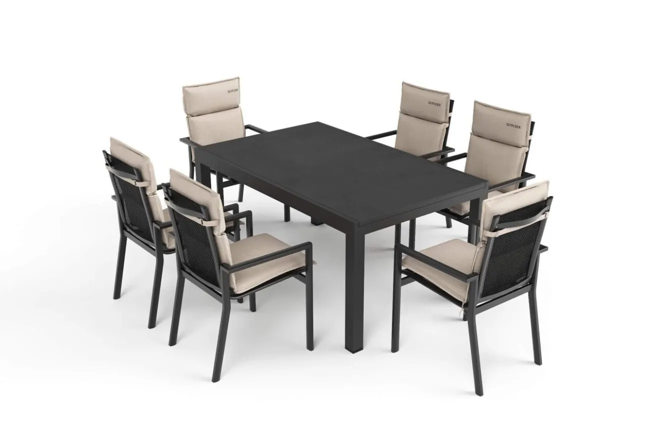 OUTFLEXX Premium Garten-Essgruppe, anthrazit matt/schwarz/natur, Alu/Spraystone, Tisch 160/260 x 100 cm, 6 Stapelsessel inkl. 6 Auflagen