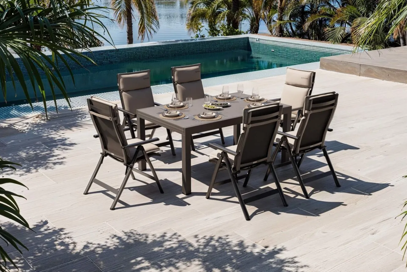 OUTFLEXX Premium Garten-Essgruppe, anthrazit matt/schwarz/natur, Alu/Spraystone/Textilene, 160/260 x 100 cm, 6 Klappstühle inkl. 6 Auflagen