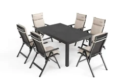 OUTFLEXX Premium Garten-Essgruppe, anthrazit matt/schwarz/natur, Alu/Spraystone/Textilene, 160/260 x 100 cm, 6 Klappstühle inkl. 6 Auflagen