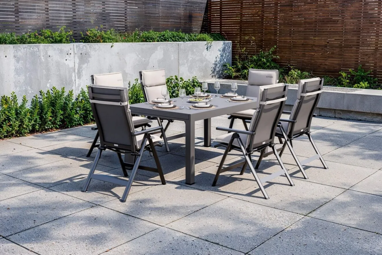 OUTFLEXX Premium Garten-Essgruppe, anthrazit matt/schwarz/natur, Alu/Spraystone/Textilene, 160/260 x 100 cm, 6 Klappstühle inkl. 6 Auflagen