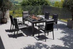 OUTFLEXX Premium Garten-Essgruppe, anthrazit matt/schwarz, Alu/Spraystone/Textilene, Tisch 160/260 x 100 cm, ausziehbar, 6 Stapelsessel inkl. 6 Auflagen