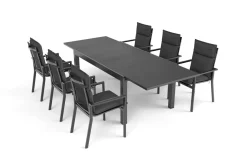 OUTFLEXX Premium Garten-Essgruppe, anthrazit matt/schwarz, Alu/Spraystone/Textilene, Tisch 160/260 x 100 cm, ausziehbar, 6 Stapelsessel inkl. 6 Auflagen