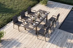 OUTFLEXX Premium Garten-Essgruppe, anthrazit matt/schwarz, Alu/Spraystone/Textilene, Tisch 160/260 x 100 cm, ausziehbar, 6 Stapelsessel inkl. 6 Auflagen