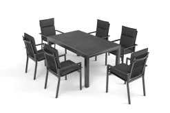 OUTFLEXX Premium Garten-Essgruppe, anthrazit matt/schwarz, Alu/Spraystone/Textilene, Tisch 160/260 x 100 cm, ausziehbar, 6 Stapelsessel inkl. 6 Auflagen