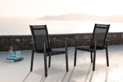 OUTFLEXX Premium Garten-Essgruppe, anthrazit matt/schwarz, Alu/Spraystone/Textilene, Tisch 160/260 x 100 cm, ausziehbar, 6 Stapelsessel inkl. 6 Auflagen