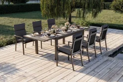 OUTFLEXX Premium Garten-Essgruppe, anthrazit matt/schwarz, Alu/Spraystone/Textilene, Tisch 160/260 x 100 cm, ausziehbar, 6 Stapelsessel inkl. 6 Auflagen