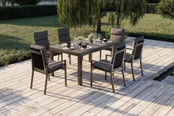 OUTFLEXX Premium Garten-Essgruppe, anthrazit matt/schwarz, Alu/Spraystone/Textilene, Tisch 160/260 x 100 cm, ausziehbar, 6 Stapelsessel inkl. 6 Auflagen
