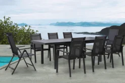 OUTFLEXX Premium Garten-Essgruppe, anthrazit/grau, Alu/Textilene, Ausziehtisch 180/240 x 100 cm, 6 Stapel-, 2 Klappstühle