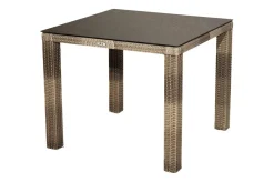 OUTFLEXX Rabida Balkon-Set, champagner-meliert, Polyrattan, Tisch 90x90 cm, 2 Stapelstühle, Glasplatte in Steinoptik
