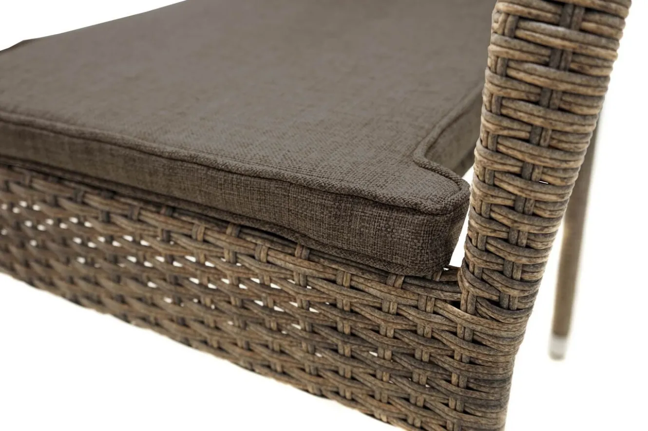 OUTFLEXX Rabida Balkon-Set, champagner-meliert, Polyrattan, Tisch 90x90 cm, 2 Stapelstühle, Glasplatte in Steinoptik