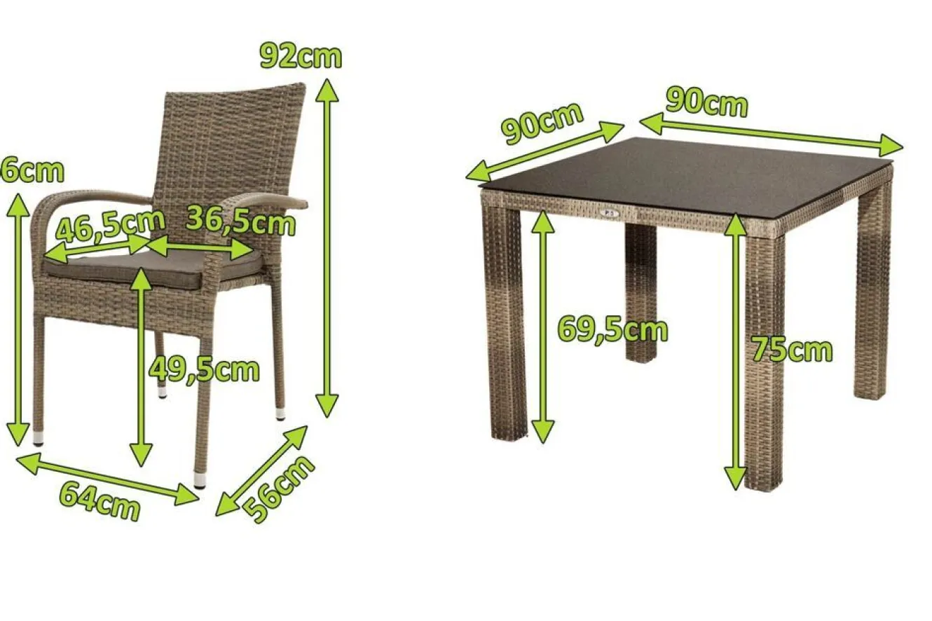 OUTFLEXX Rabida Balkon-Set, champagner-meliert, Polyrattan, Tisch 90x90 cm, 2 Stapelstühle, Glasplatte in Steinoptik
