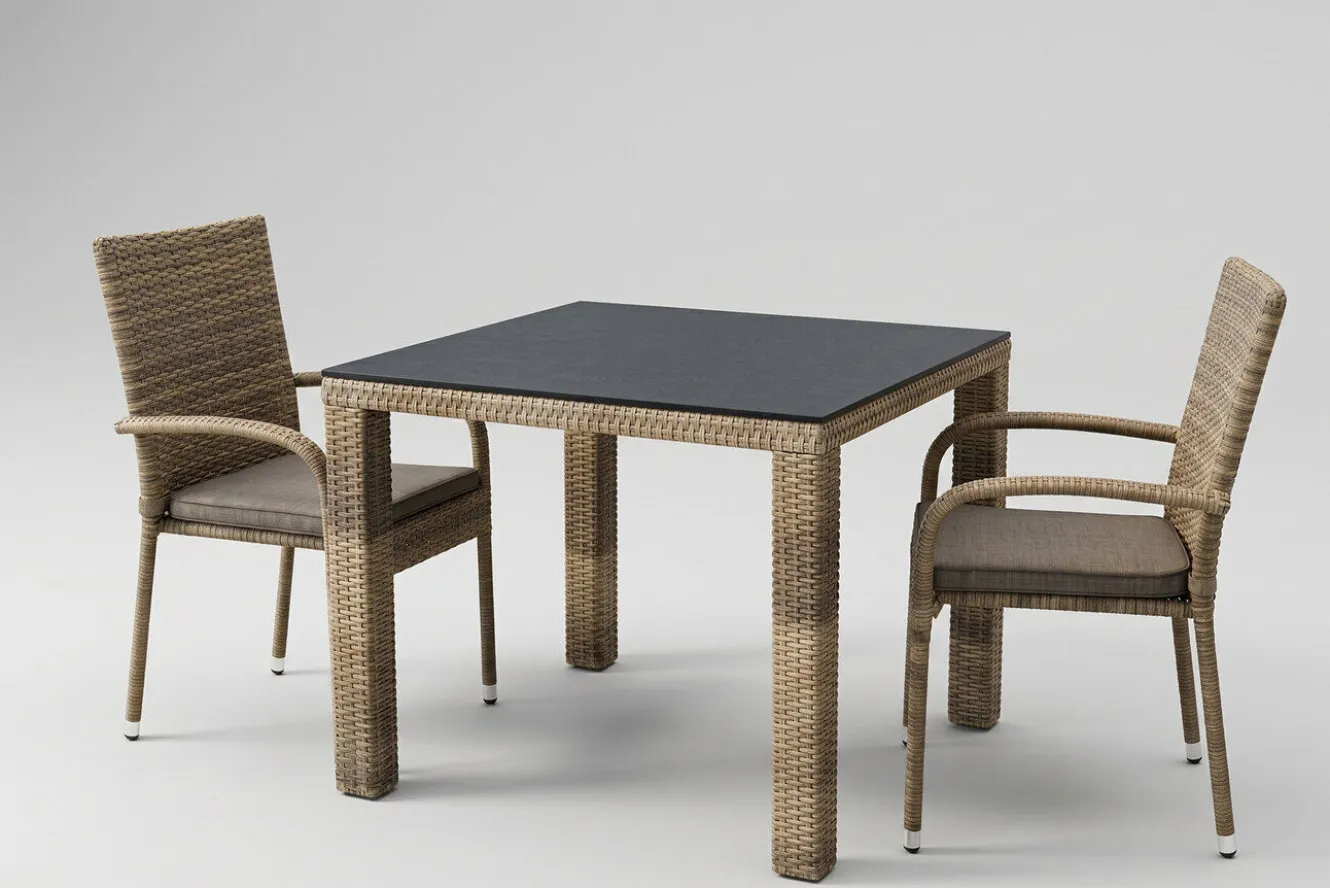 OUTFLEXX Rabida Balkon-Set, champagner-meliert, Polyrattan, Tisch 90x90 cm, 2 Stapelstühle, Glasplatte in Steinoptik