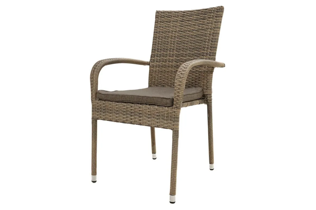 OUTFLEXX Rabida Balkon-Set, champagner-meliert, Polyrattan, Tisch 90x90 cm, 2 Stapelstühle, Glasplatte in Steinoptik