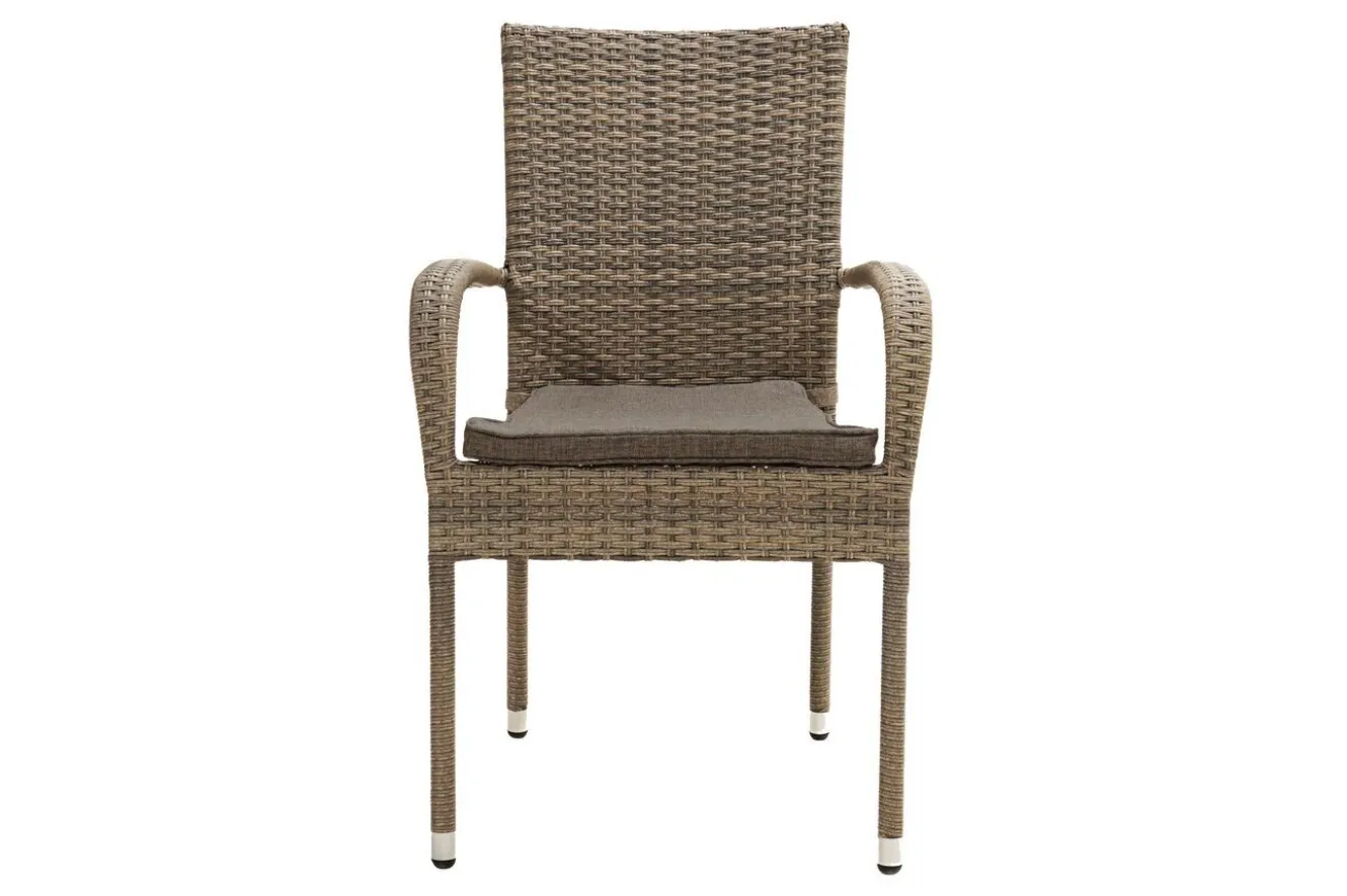 OUTFLEXX Rabida Balkon-Set, champagner-meliert, Polyrattan, Tisch 90x90 cm, 2 Stapelstühle, Glasplatte in Steinoptik