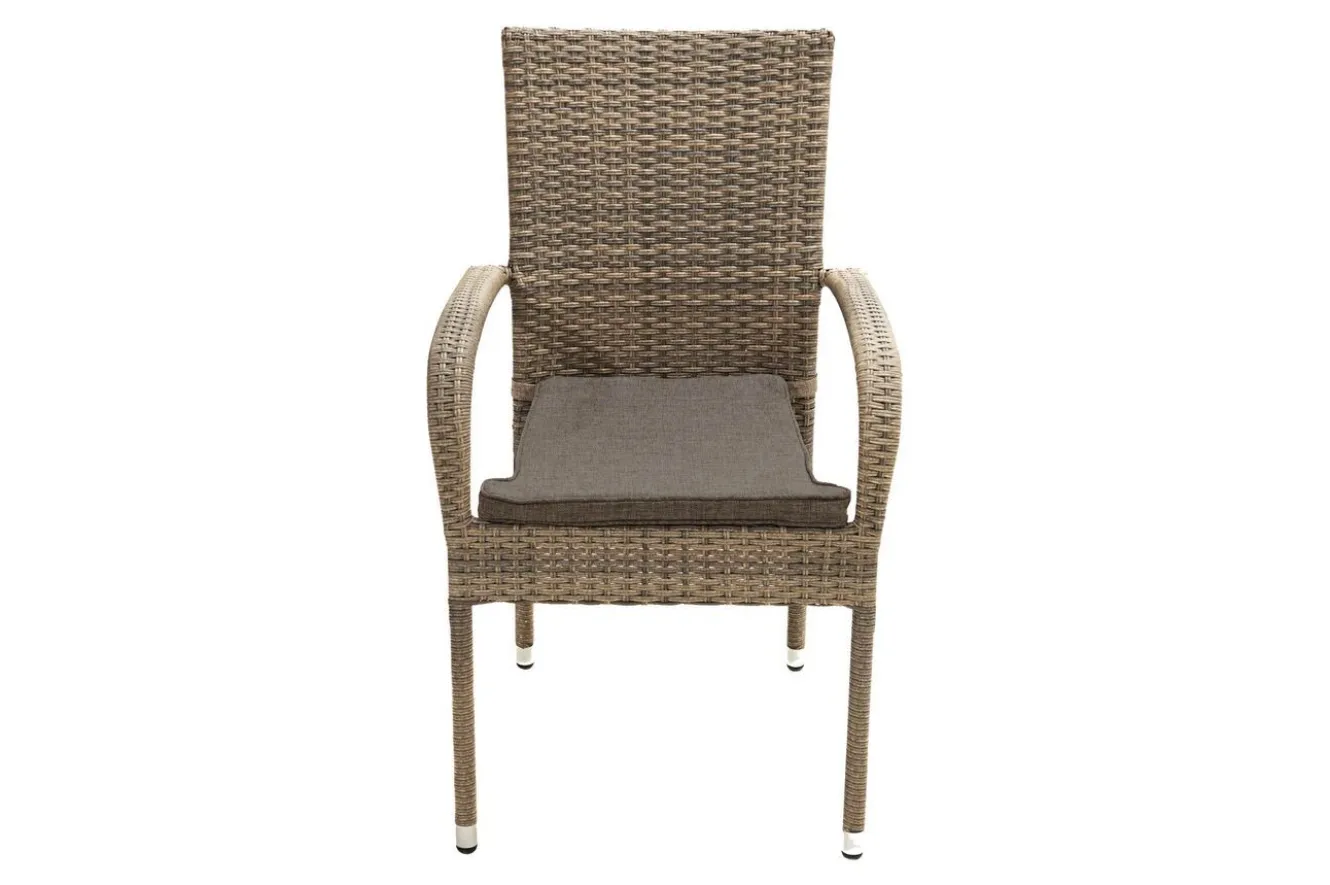 OUTFLEXX Rabida Balkon-Set, champagner-meliert, Polyrattan, Tisch 90x90 cm, 2 Stapelstühle, Glasplatte in Steinoptik