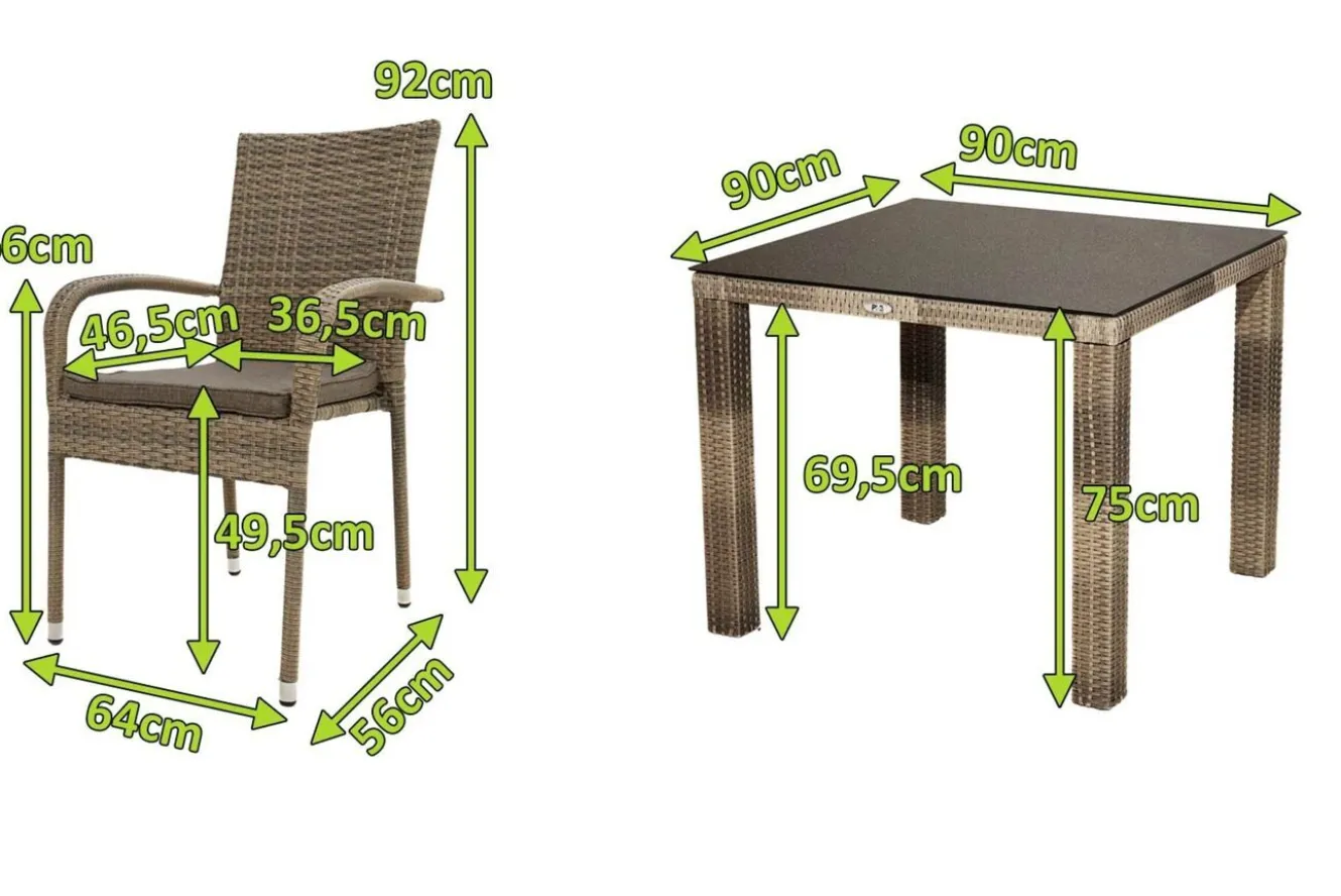 OUTFLEXX Rabida Balkon-Set, champagner-meliert, Polyrattan, Tisch 90x90 cm, 2 Stapelstühle, Glasplatte in Steinoptik