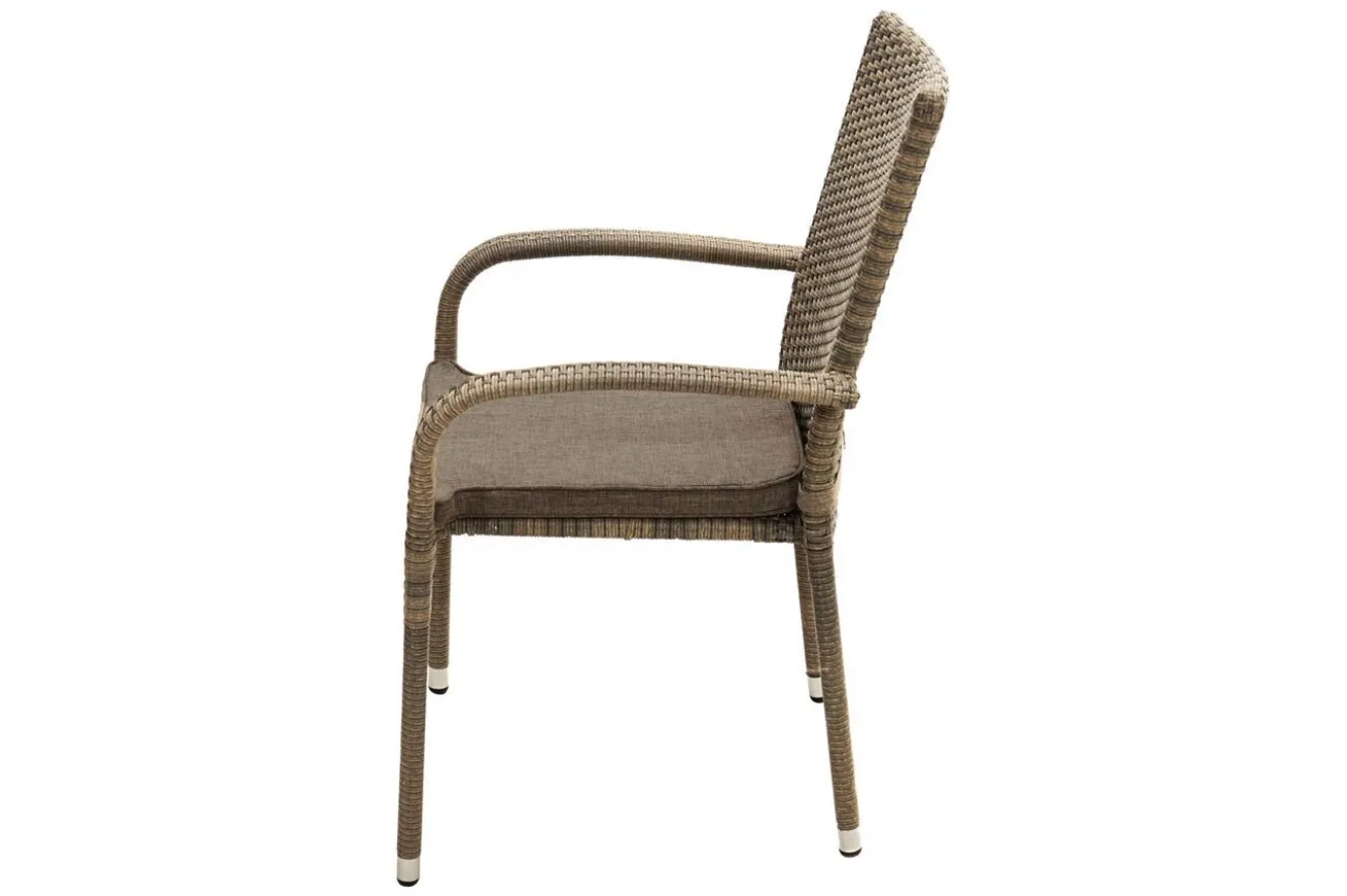 OUTFLEXX Rabida Balkon-Set, champagner-meliert, Polyrattan, Tisch 90x90 cm, 2 Stapelstühle, Glasplatte in Steinoptik