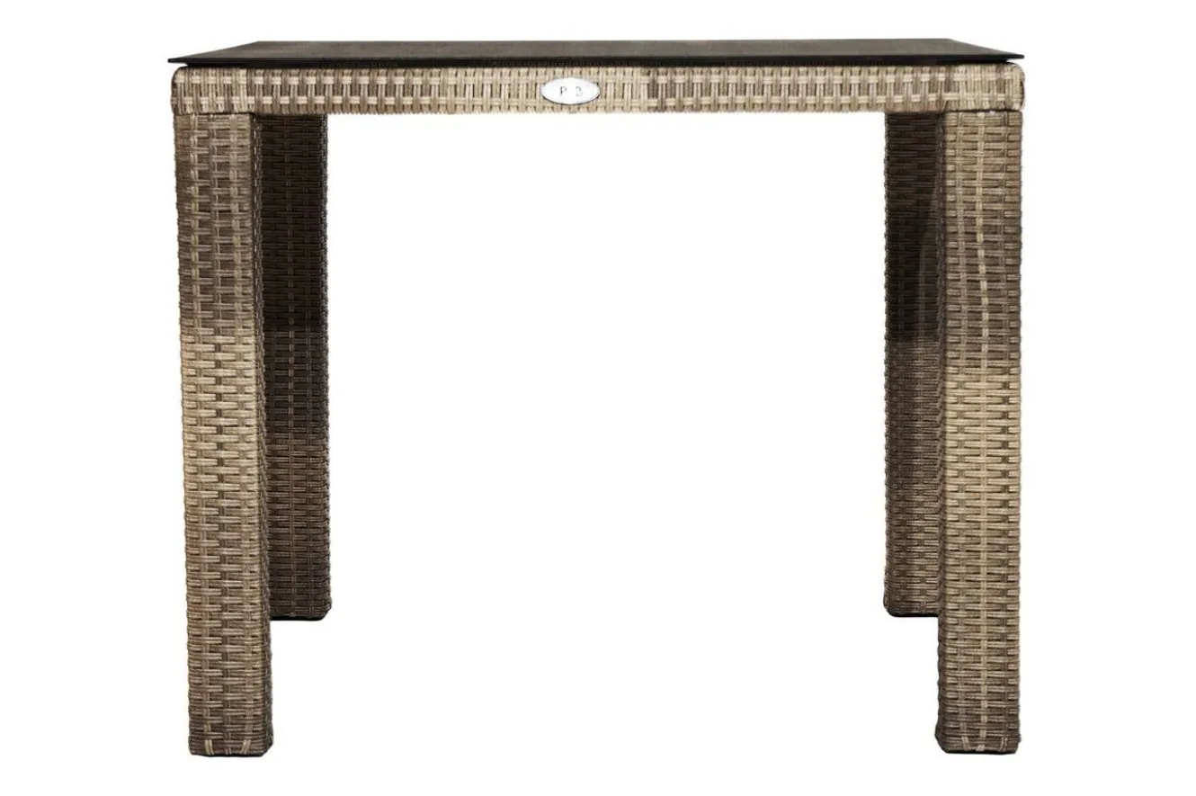 OUTFLEXX Rabida Balkon-Set, champagner-meliert, Polyrattan, Tisch 90x90 cm, 2 Stapelstühle, Glasplatte in Steinoptik