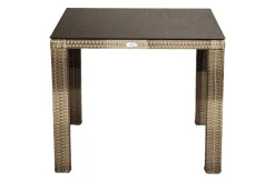 OUTFLEXX Rabida Balkon-Set, champagner-meliert, Polyrattan, Tisch 90x90 cm, 2 Stapelstühle, Glasplatte in Steinoptik