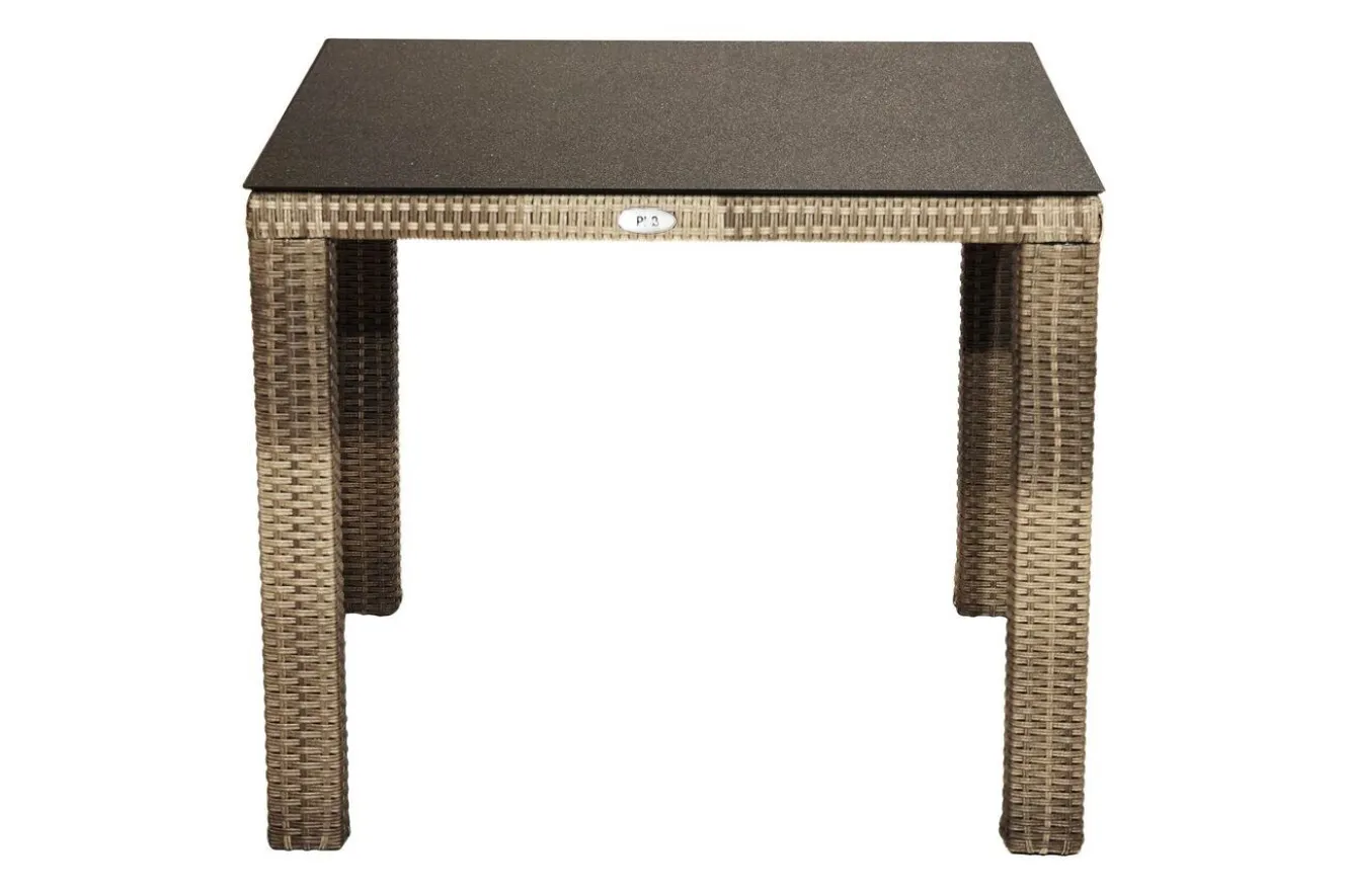 OUTFLEXX Rabida Balkon-Set, champagner-meliert, Polyrattan, Tisch 90x90 cm, 2 Stapelstühle, Glasplatte in Steinoptik