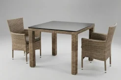 OUTFLEXX Rabida Balkon-Set, champagner-meliert, Polyrattan, Tisch 90x90 cm, 2 Stapelsessel, Glasplatte in Steinoptik