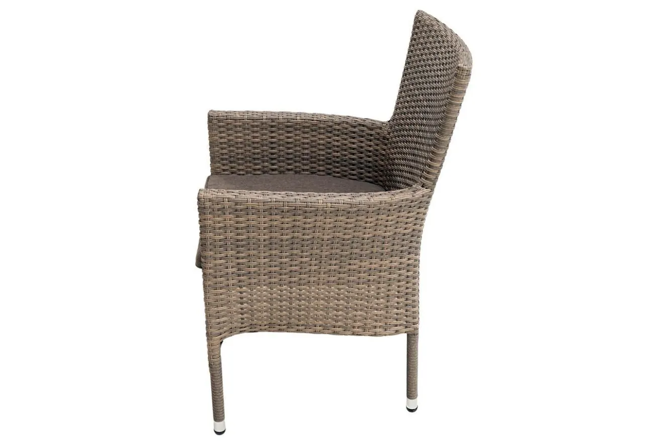 OUTFLEXX Rabida Balkon-Set, champagner-meliert, Polyrattan, Tisch 90x90 cm, 2 Stapelsessel, Glasplatte in Steinoptik