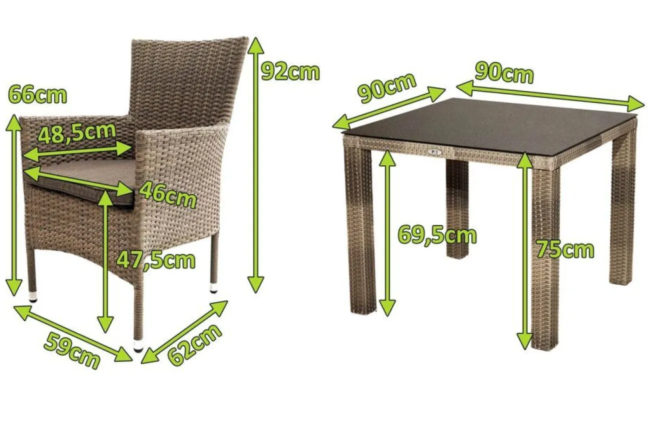 OUTFLEXX Rabida Balkon-Set, champagner-meliert, Polyrattan, Tisch 90x90 cm, 2 Stapelsessel, Glasplatte in Steinoptik