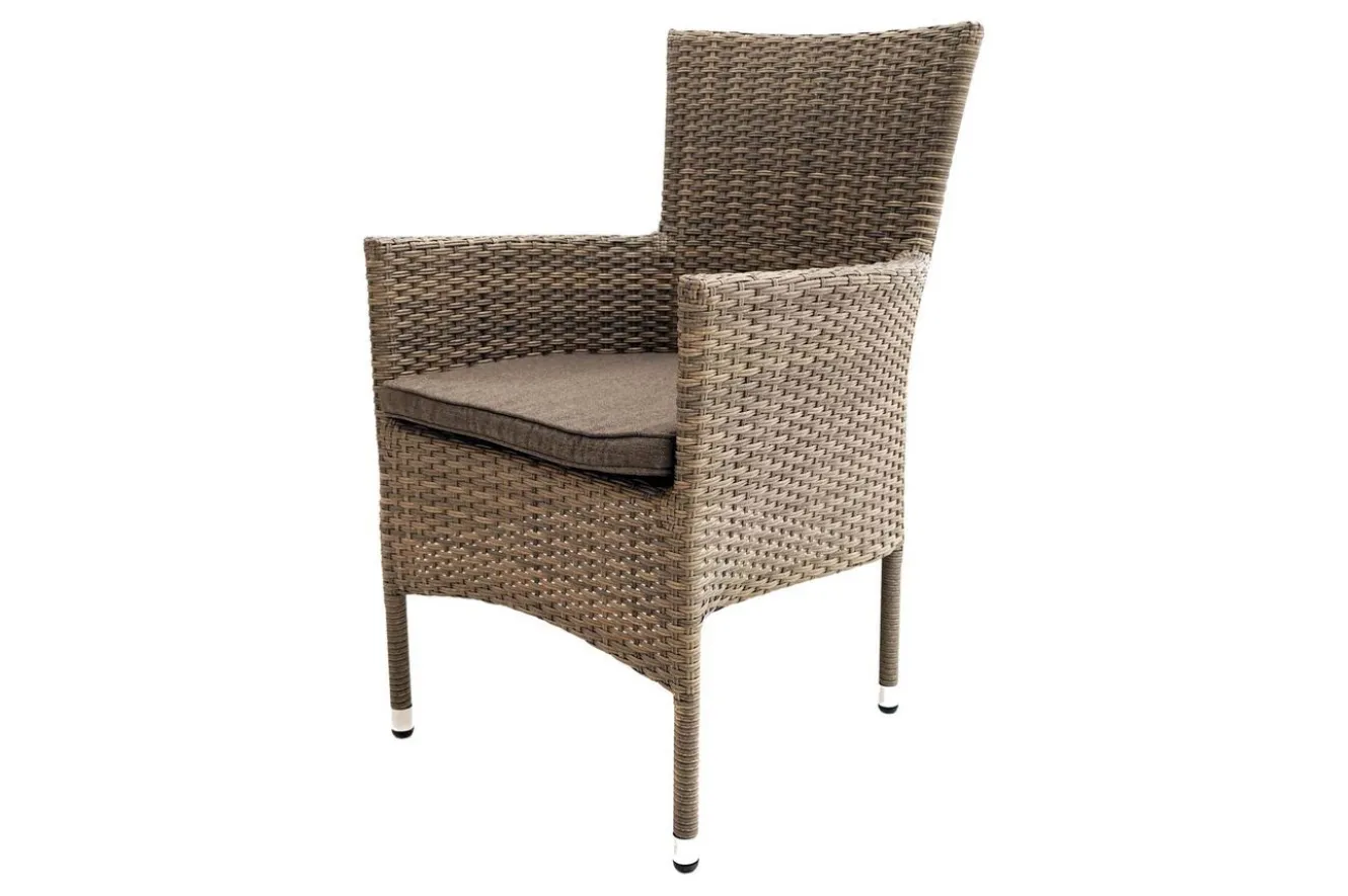 OUTFLEXX Rabida Balkon-Set, champagner-meliert, Polyrattan, Tisch 90x90 cm, 2 Stapelsessel, Glasplatte in Steinoptik