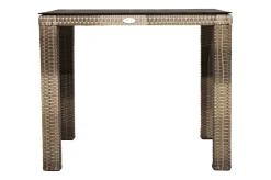 OUTFLEXX Rabida Balkon-Set, champagner-meliert, Polyrattan, Tisch 90x90 cm, 2 Stapelsessel, Glasplatte in Steinoptik