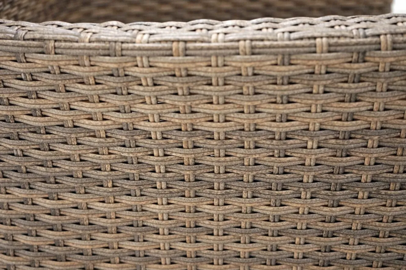 OUTFLEXX Rabida Balkon-Set, champagner-meliert, Polyrattan, Tisch 90x90 cm, 2 Stapelsessel, Glasplatte in Steinoptik