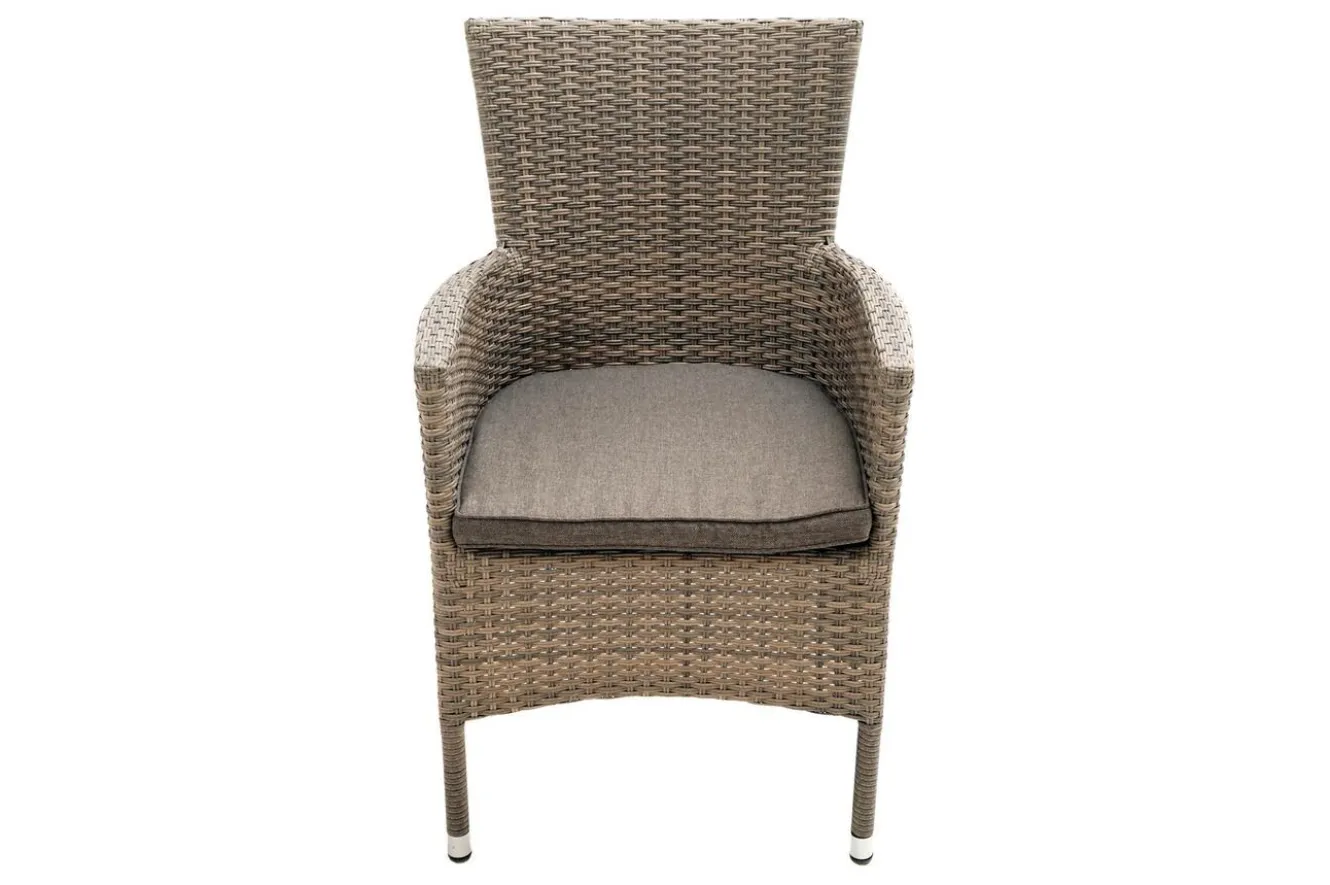 OUTFLEXX Rabida Balkon-Set, champagner-meliert, Polyrattan, Tisch 90x90 cm, 2 Stapelsessel, Glasplatte in Steinoptik