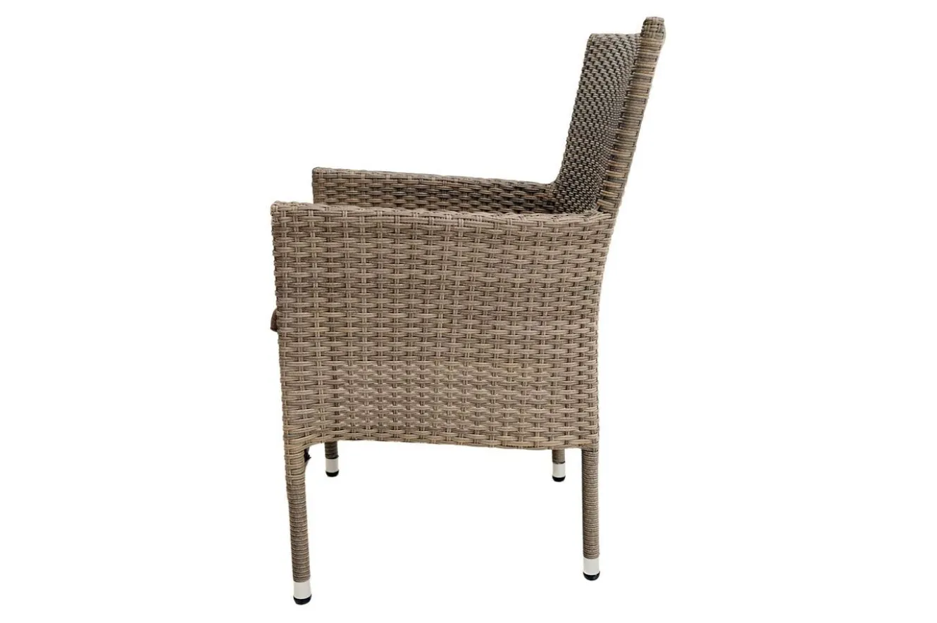 OUTFLEXX Rabida Balkon-Set, champagner-meliert, Polyrattan, Tisch 90x90 cm, 2 Stapelsessel, Glasplatte in Steinoptik