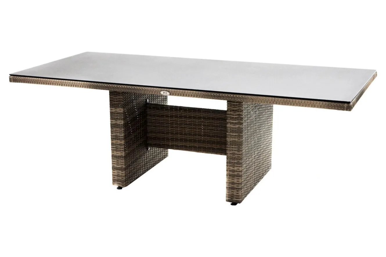OUTFLEXX Rabida Dining Tisch, champagner-meliert, Polyrattan, 220 x 100 cm, Glasplatte in Steinoptik