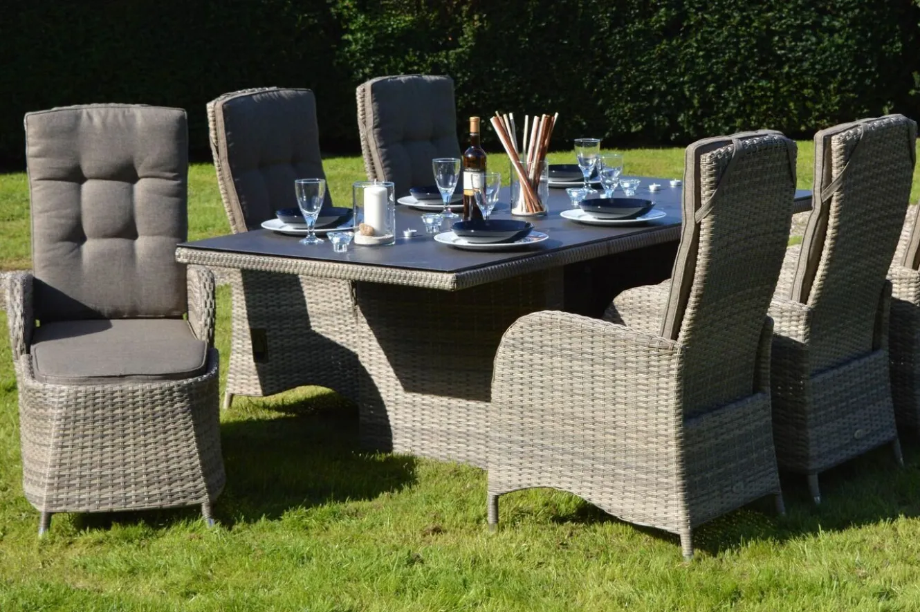 OUTFLEXX Rabida Dining Tisch, champagner-meliert, Polyrattan, 220 x 100 cm, Glasplatte in Steinoptik