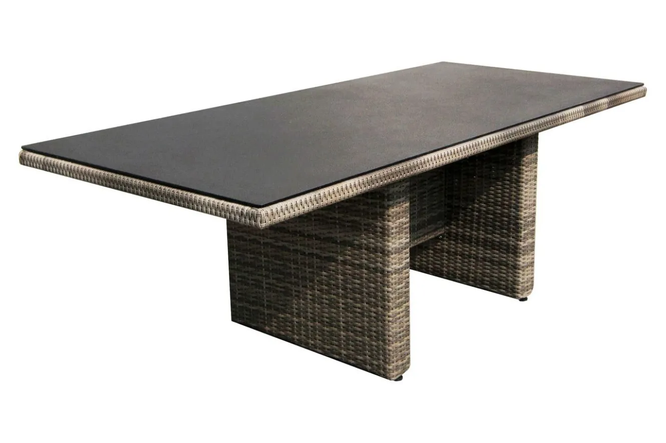 OUTFLEXX Rabida Dining Tisch, champagner-meliert, Polyrattan, 220 x 100 cm, Glasplatte in Steinoptik