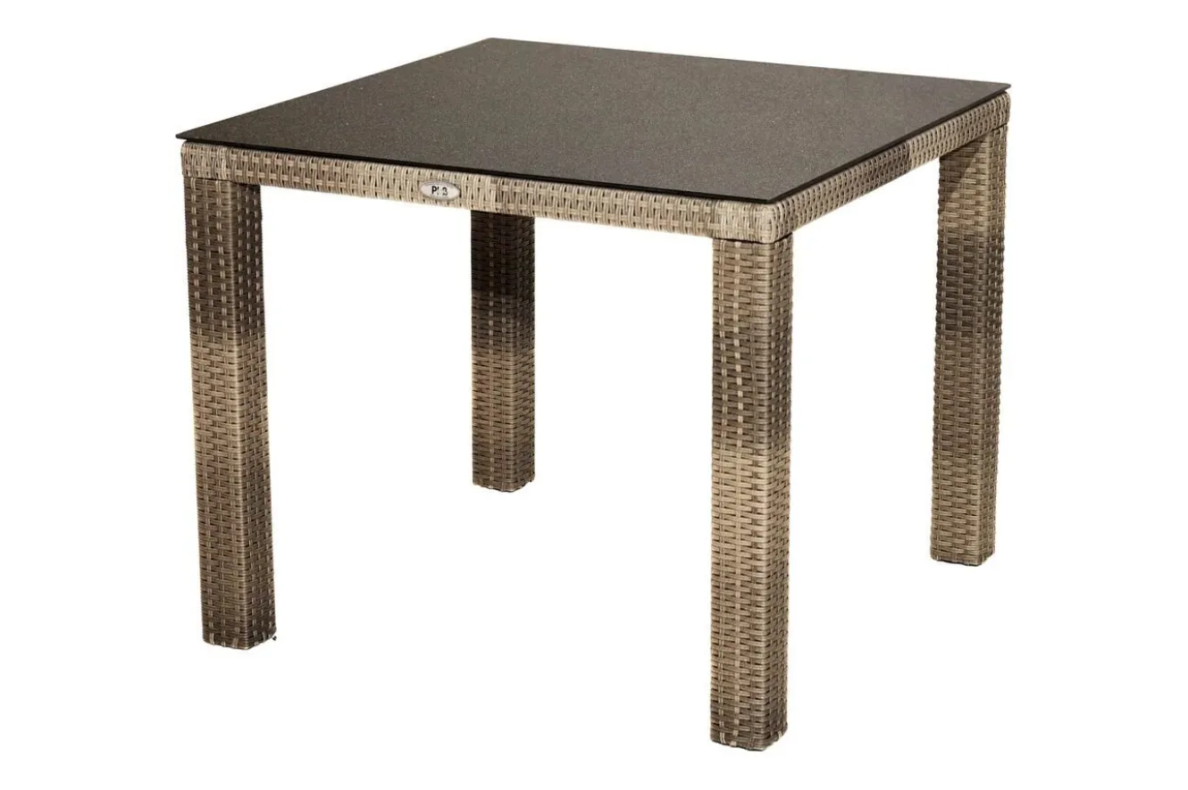 OUTFLEXX Rabida Garten-Essgruppe, champagner-meliert, Polyrattan, Tisch 90 x 90 cm, 4 Stapelstühle, Glasplatte in Steinoptik