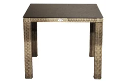 OUTFLEXX Rabida Garten-Essgruppe, champagner-meliert, Polyrattan, Tisch 90 x 90 cm, 4 Stapelstühle, Glasplatte in Steinoptik