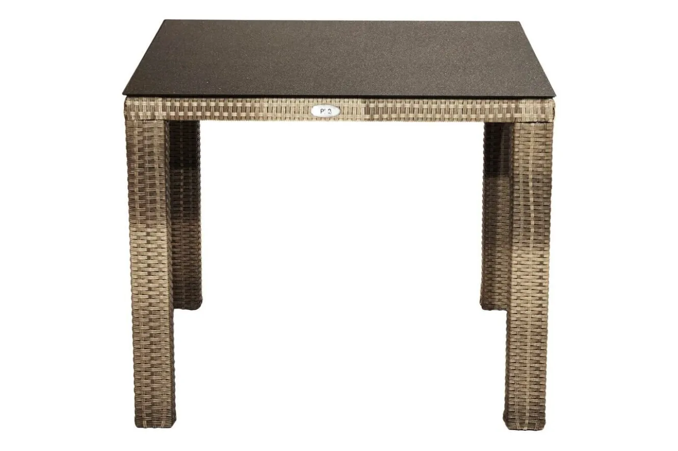 OUTFLEXX Rabida Garten-Essgruppe, champagner-meliert, Polyrattan, Tisch 90 x 90 cm, 4 Stapelstühle, Glasplatte in Steinoptik