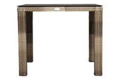 OUTFLEXX Rabida Garten-Essgruppe, champagner-meliert, Polyrattan, Tisch 90 x 90 cm, 4 Stapelstühle, Glasplatte in Steinoptik