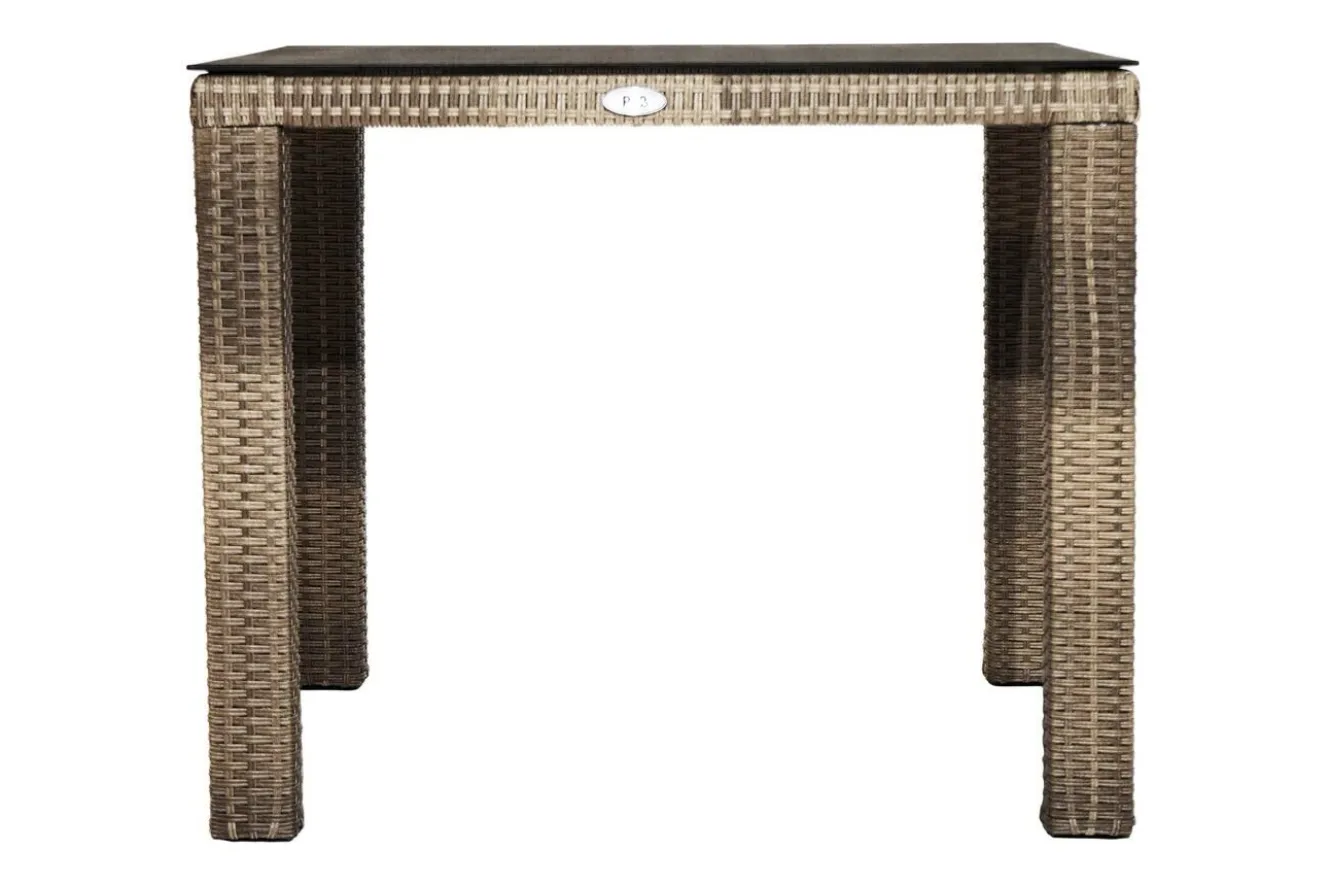 OUTFLEXX Rabida Garten-Essgruppe, champagner-meliert, Polyrattan, Tisch 90 x 90 cm, 4 Stapelstühle, Glasplatte in Steinoptik