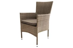 OUTFLEXX Rabida Garten-Essgruppe, champagner-meliert, Polyrattan, Tisch 90 x 90 cm, 4 Stapelsessel, Glasplatte in Steinoptik