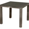 OUTFLEXX Rocking Balkon-Set, grau/braun-meliert, Polyrattan, Tisch 90x90 cm, 2 Stapelsessel, Glasplatte in Steinoptik