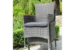 OUTFLEXX Rocking Balkon-Set, grau/braun-meliert, Polyrattan, Tisch 90x90 cm, 2 Stapelsessel, Glasplatte in Steinoptik