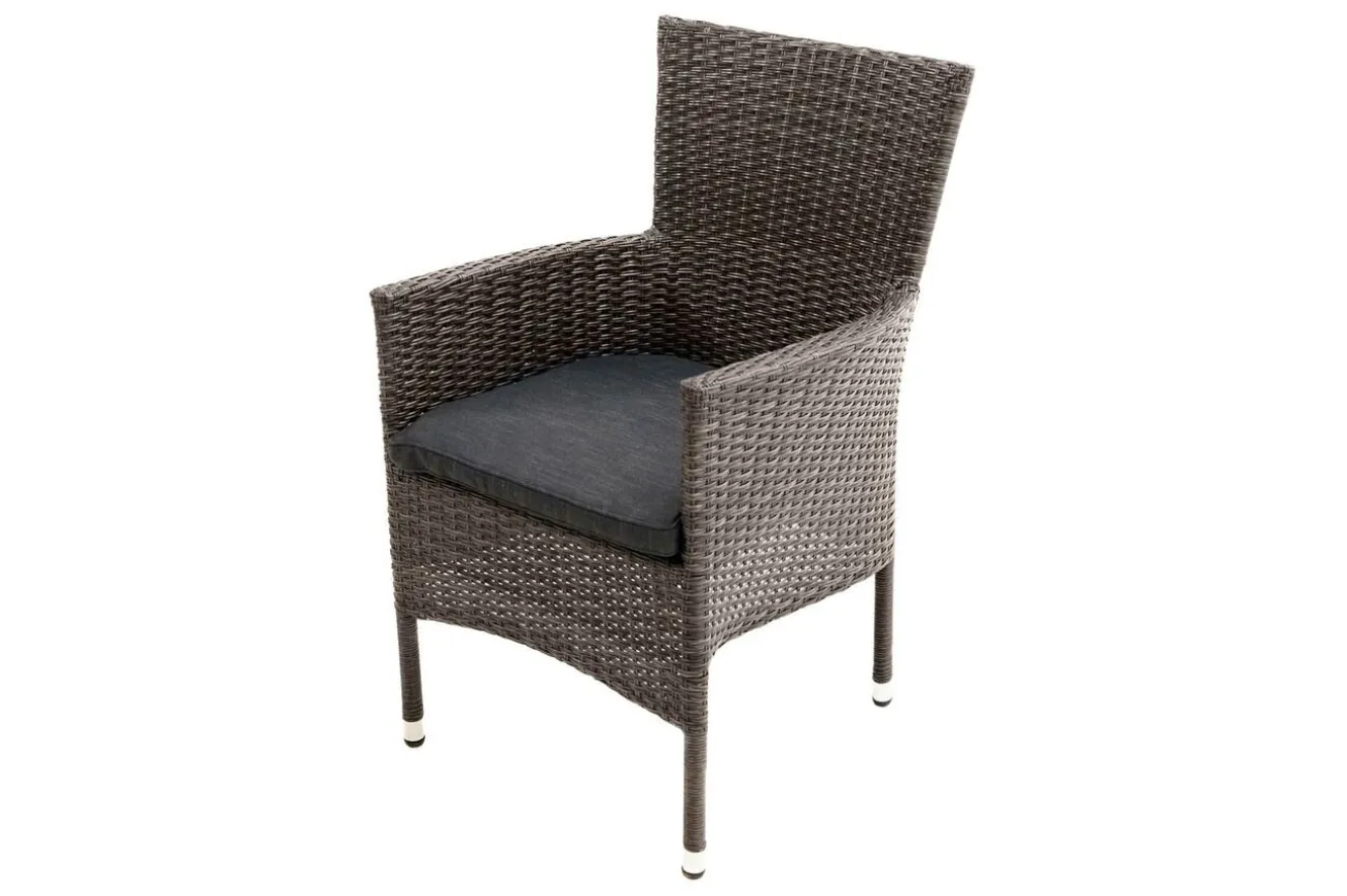OUTFLEXX Rocking Balkon-Set, grau/braun-meliert, Polyrattan, Tisch 90x90 cm, 2 Stapelsessel, Glasplatte in Steinoptik