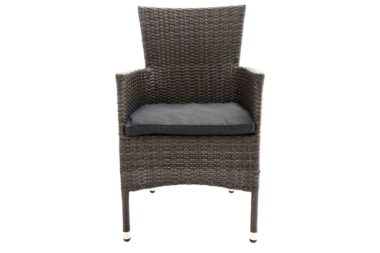 OUTFLEXX Rocking Balkon-Set, grau/braun-meliert, Polyrattan, Tisch 90x90 cm, 2 Stapelsessel, Glasplatte in Steinoptik